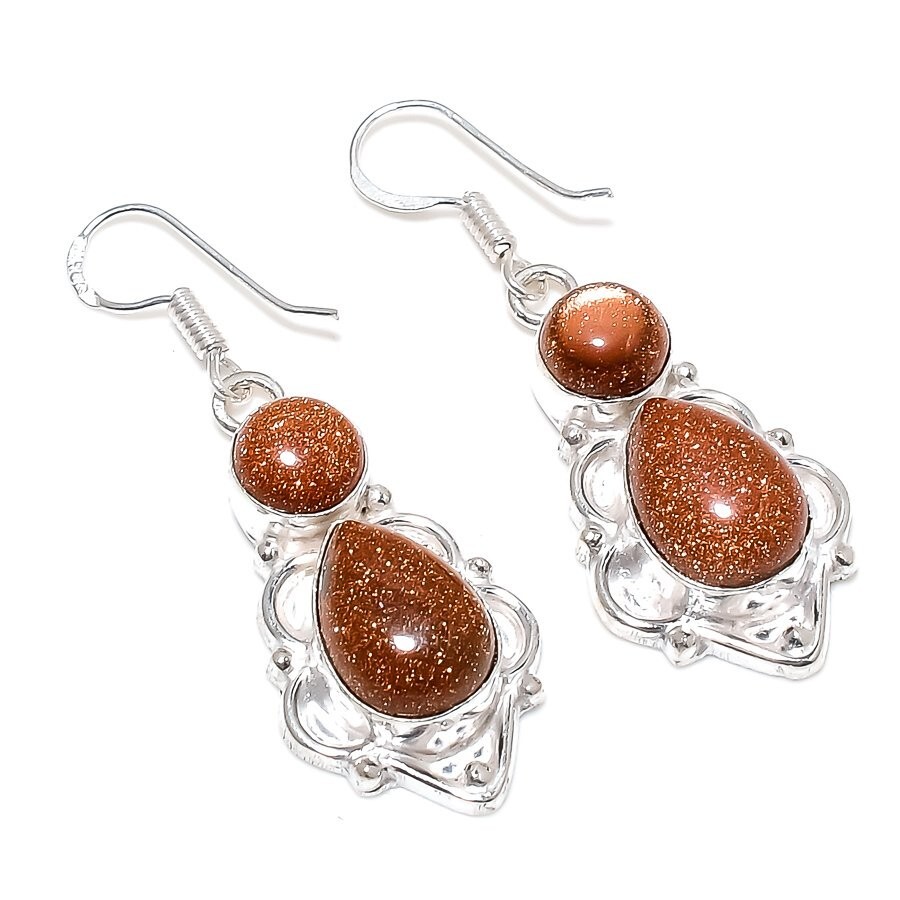 Red Goldstone Gemstone Handmade 925 Sterling Silver Jewelry Earrings Sz 1.80"
