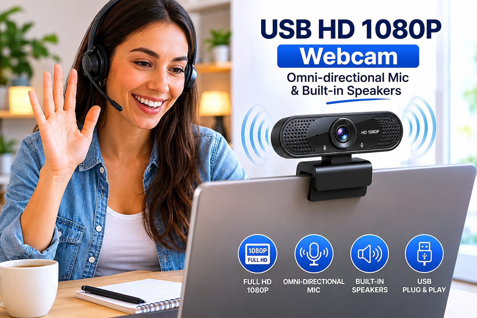 Webcam with Microphone and Speaker, 1080P Web Camera for Desktop Computer Laptop