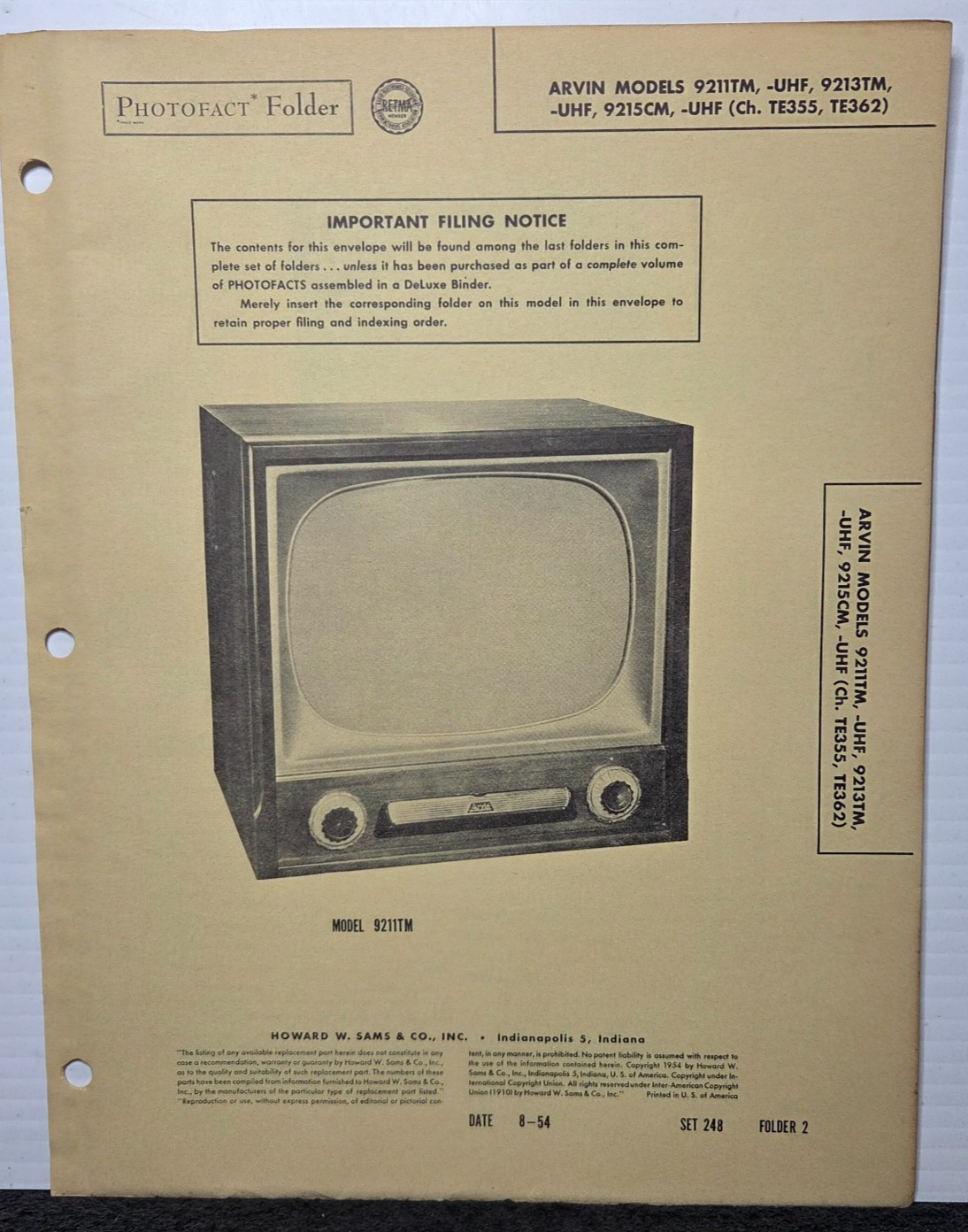 SAMS TELEVISION SERVICE MANUAL 248-2 ARVIN 9211TM 9213TM 9215CM UHF TE355 TE362