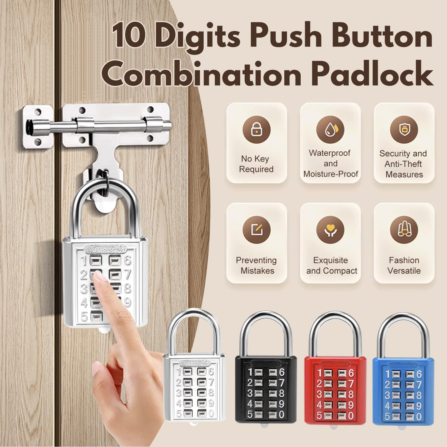 1Pcs 10-Digit Combination Padlock Push Button Lock for Locker Gym Case Drawer