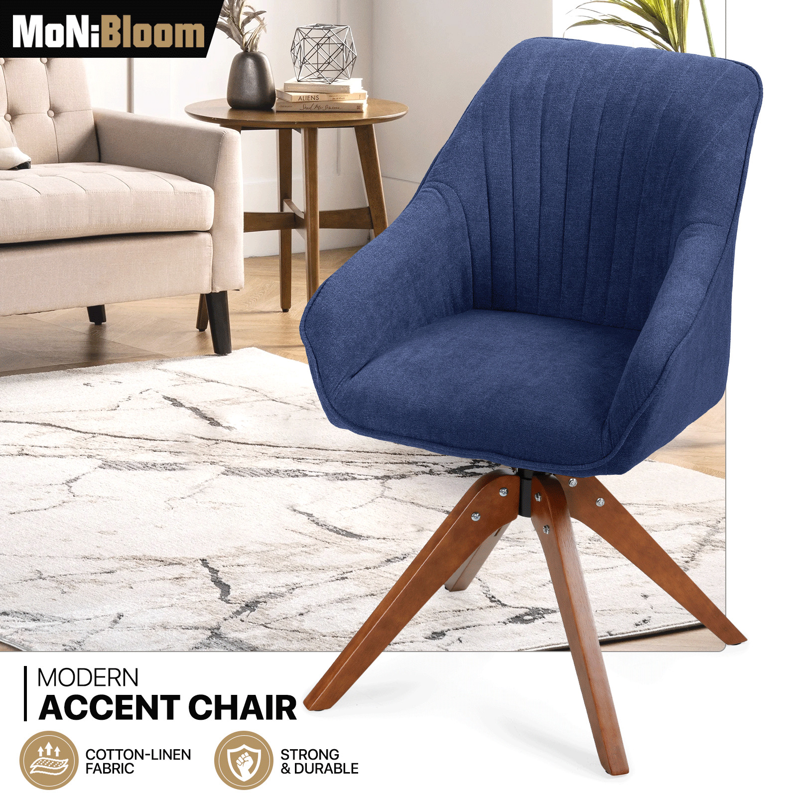 Swivel Accent Chair Modern Home Office Upholstered Armchair Wood Legs Navy Blue