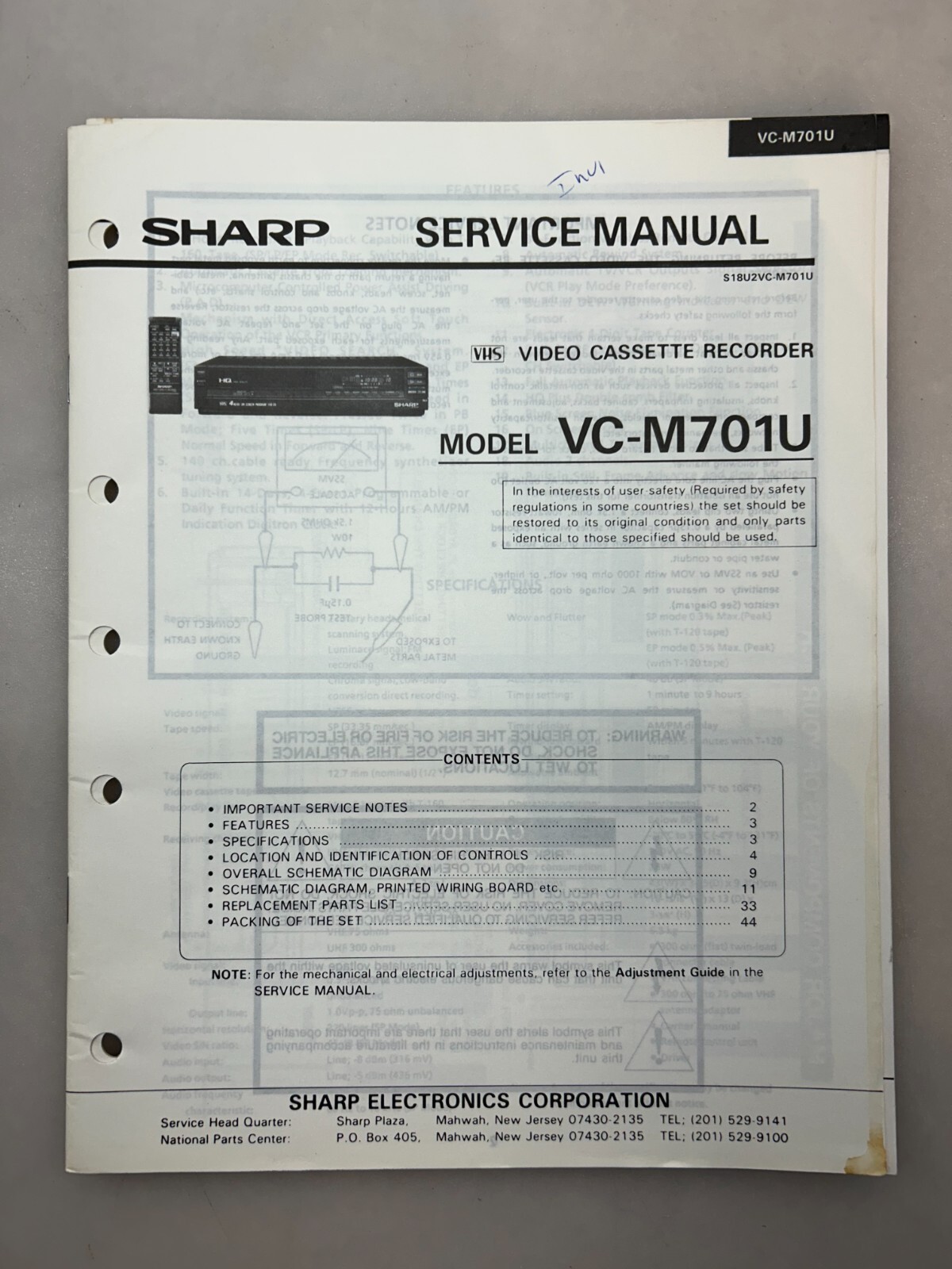 Sharp VC-M701U Original Service Manual Free Shipping