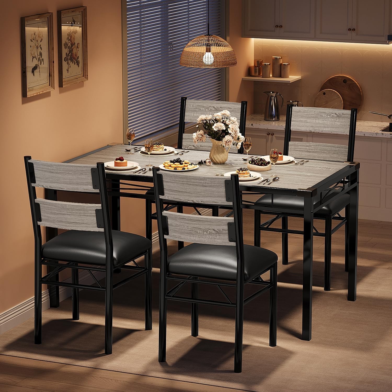 Wood Dining Table Set for 4 w/ Corner Protector&Upholstered Chairs for Apartment