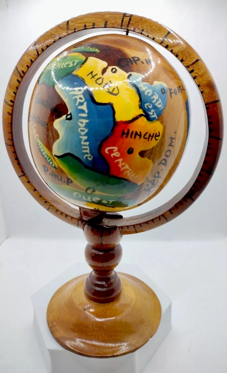 WOW Handcrafted Wooden Globe with Painted Haiti Map - Unique Artisan Decor