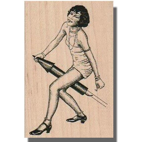 NEW Mounted Rubber Stamp, LADY ON ROCKET, Woman Stamp, Retro, Lady Stamp, July 4
