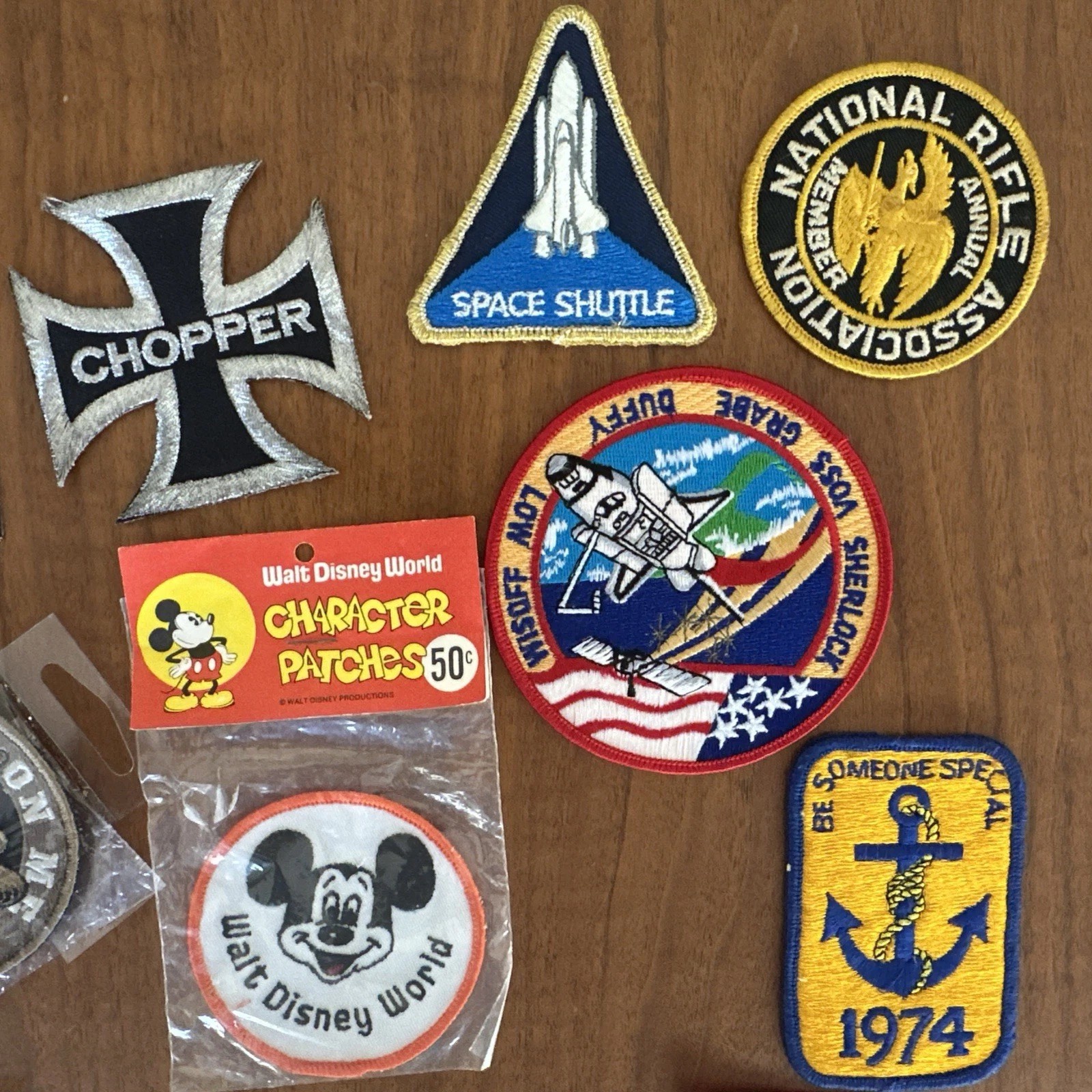 Lot Of 7 Vintage Patches NASA Space Shuttle, Mickey Mouse, Motorcycle, Stihl