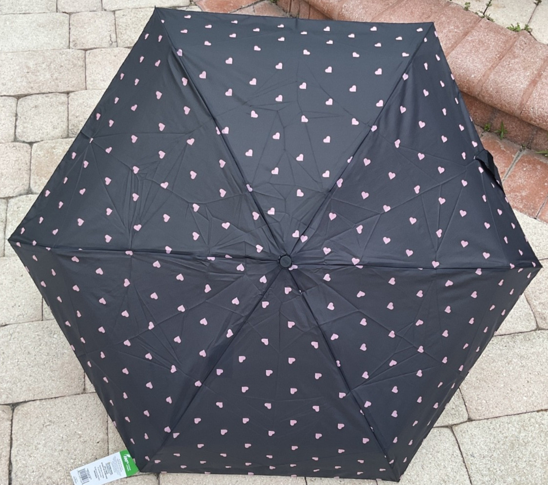 TOTES WOMEN'S UMBRELLA MINI BLACK PINK HEARTS 6 inches NWT