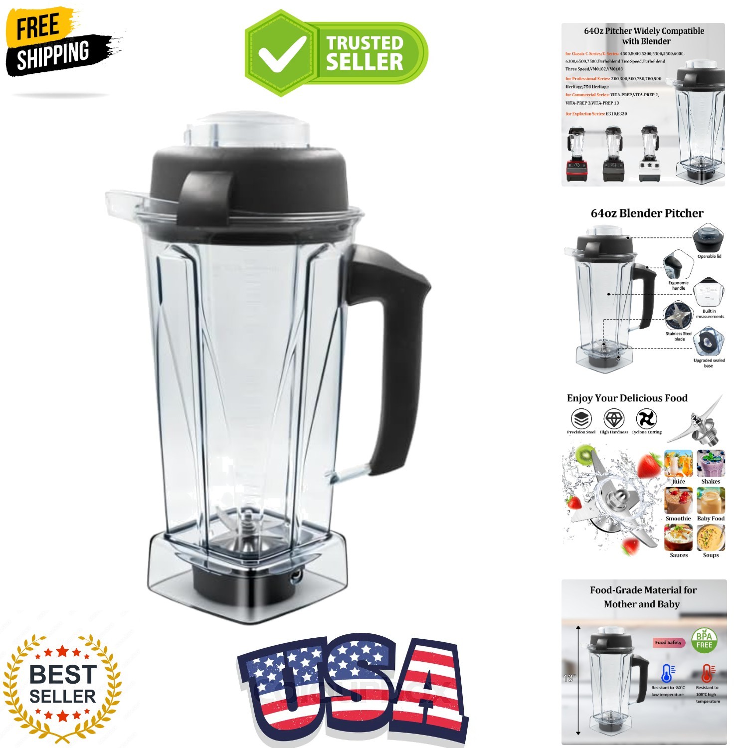 Blender Pitcher 64oz Replacement Container Cup for 5200,6000,6300,5300, 750 |...