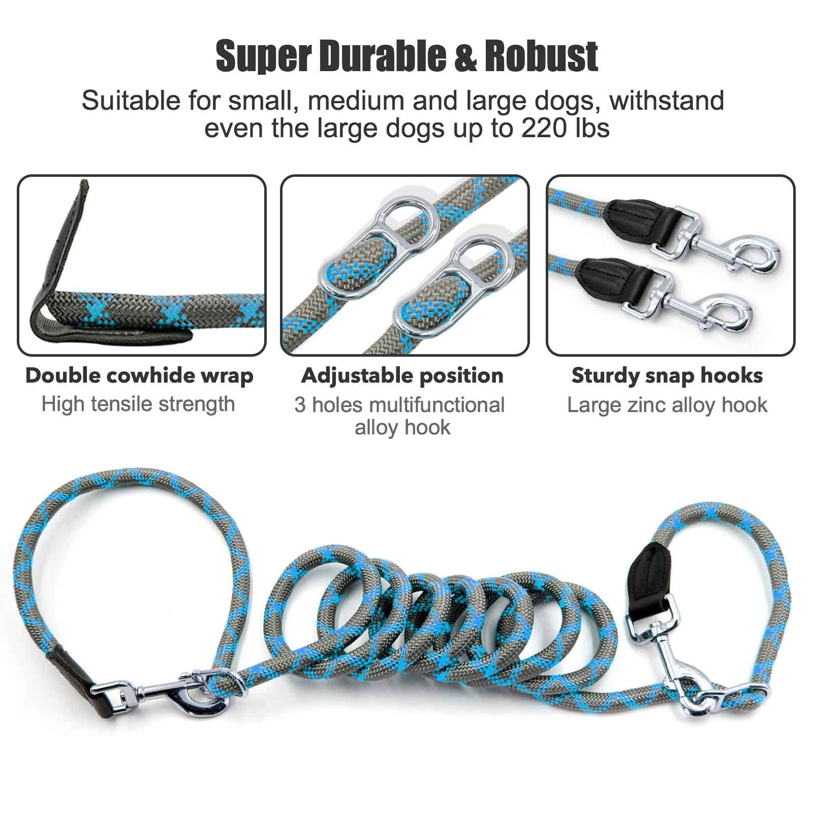 Hands Free 8.5ft Nylon Double Dog Leash with Reflective Stitching Adjustable ...