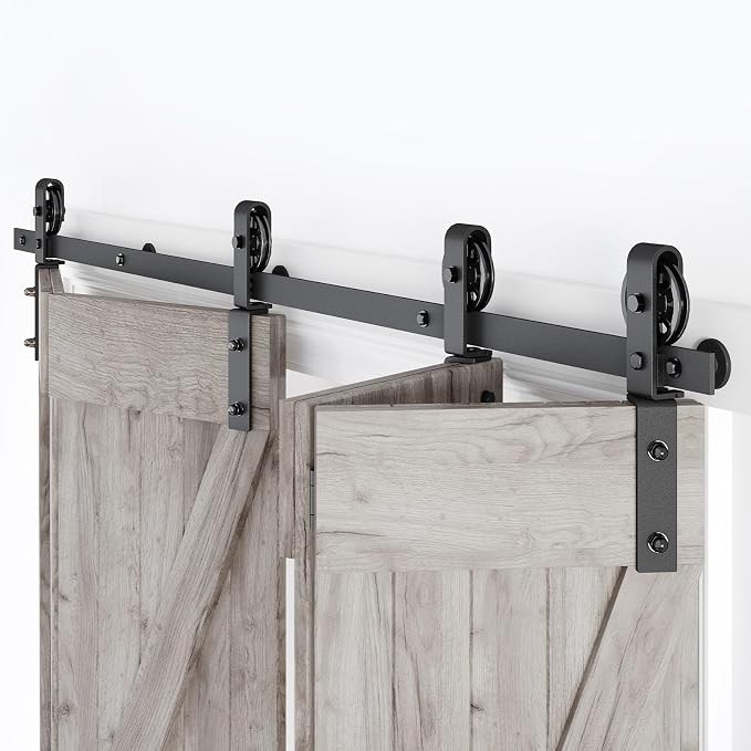 Bifold Barn Door Hardware Track Kit 64" Side Mount Black Spoke Wheel for 4 Doors