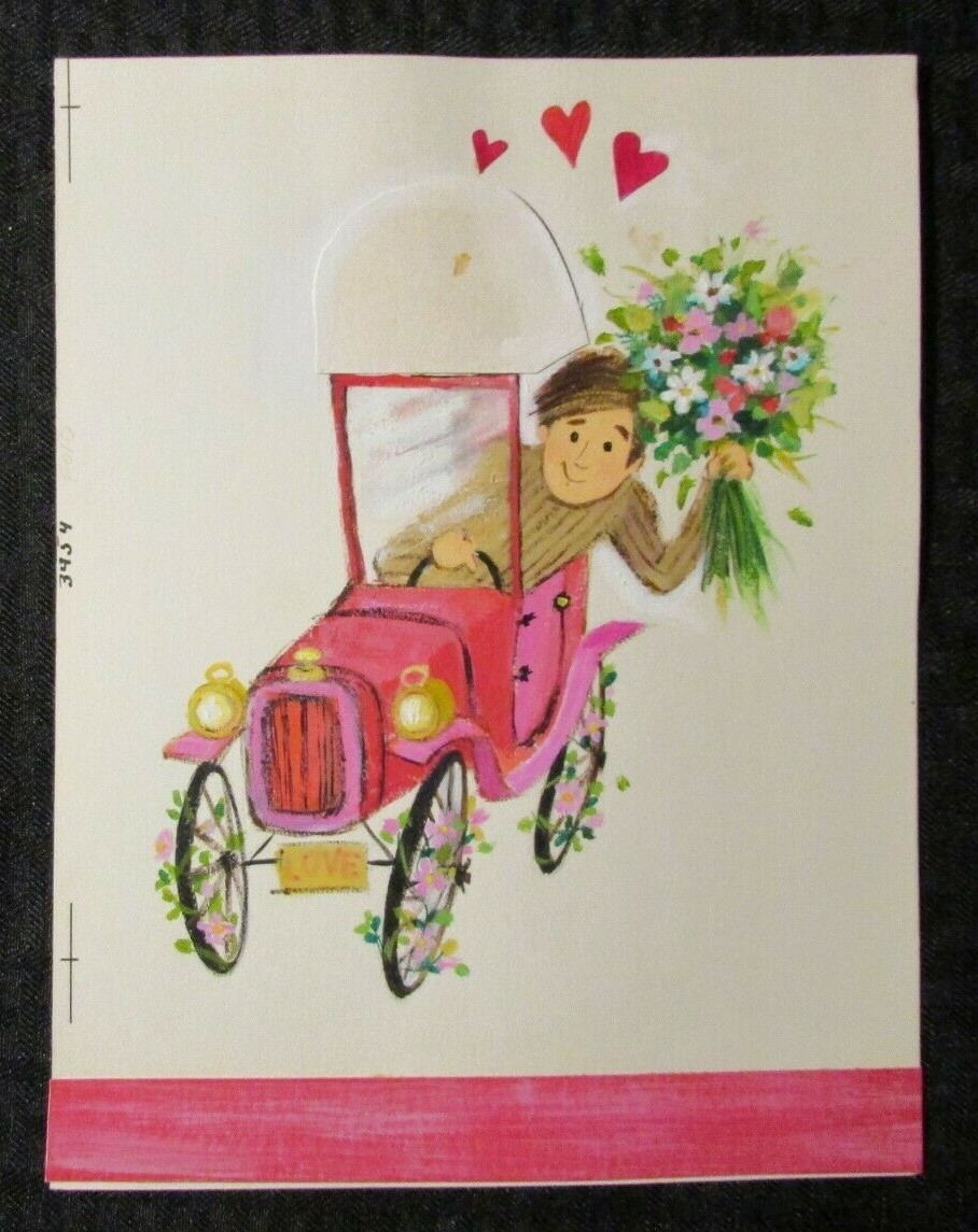 VALENTINES DAY Man in Car w/ Flowers & Hearts 7x9.5" Greeting Card Art #3454