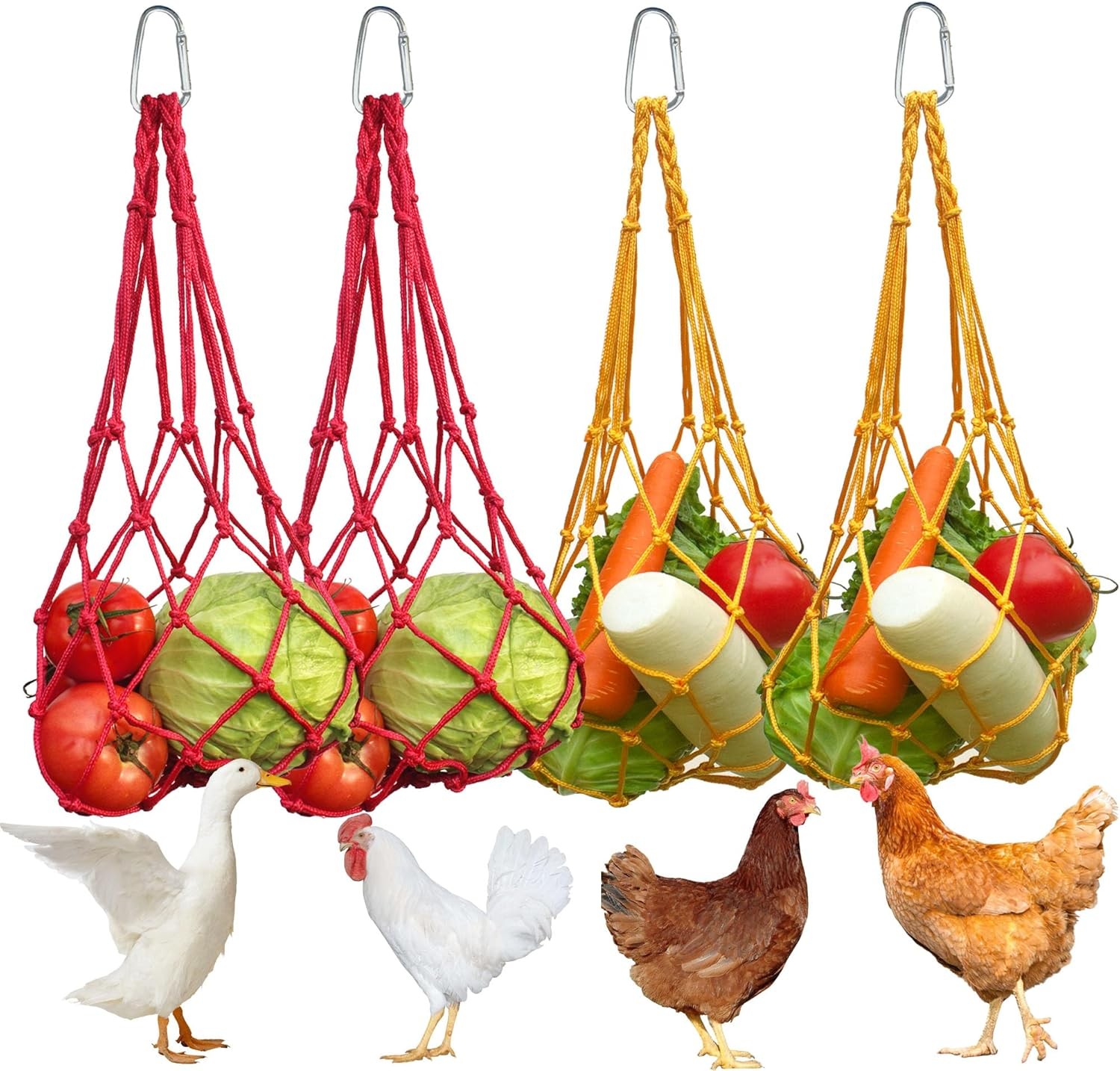 Chicken Vegetable Fruit Hanging Feeder 4Pcs Reusable String Bag W/ Hook Chicken