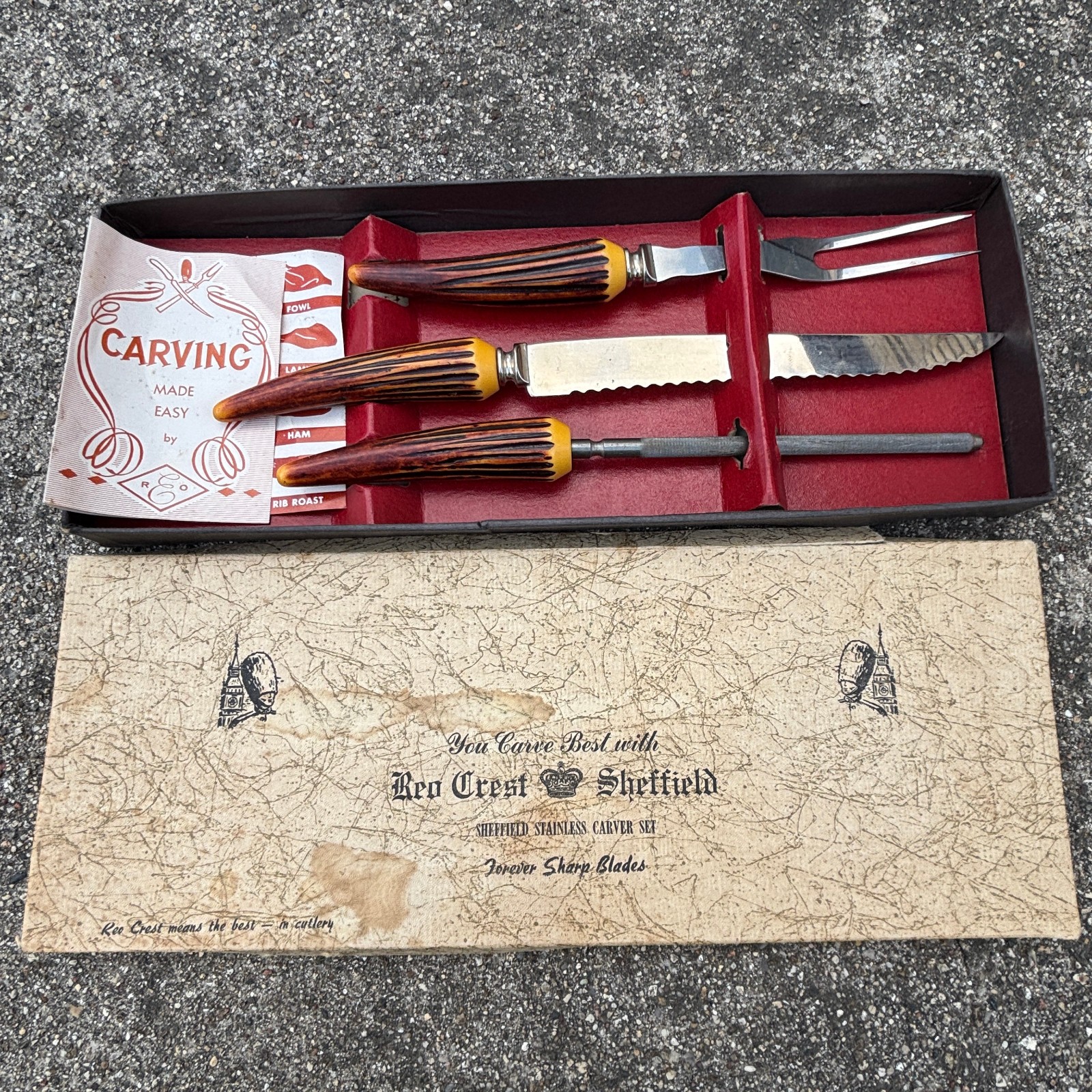Reo Crest Sheffield Stainless Carver 3-Piece Set Faux Handles in Box