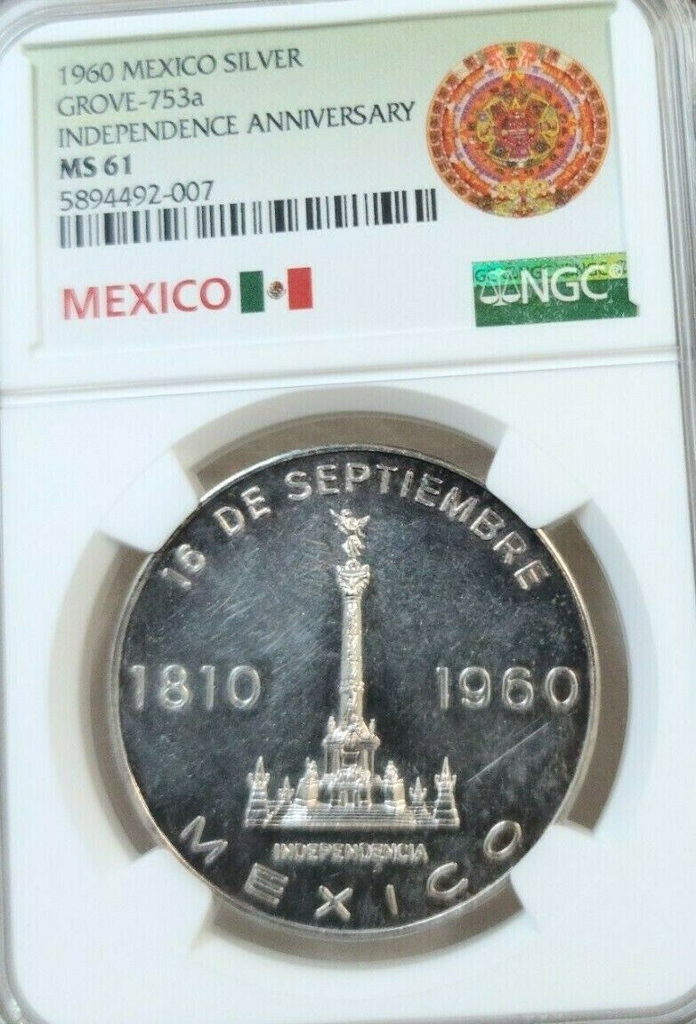 1960 MEXICO SILVER MEDAL GROVE 753a INDEPENDENCE ANNIVERSARY NGC MS 61 TOP POP
