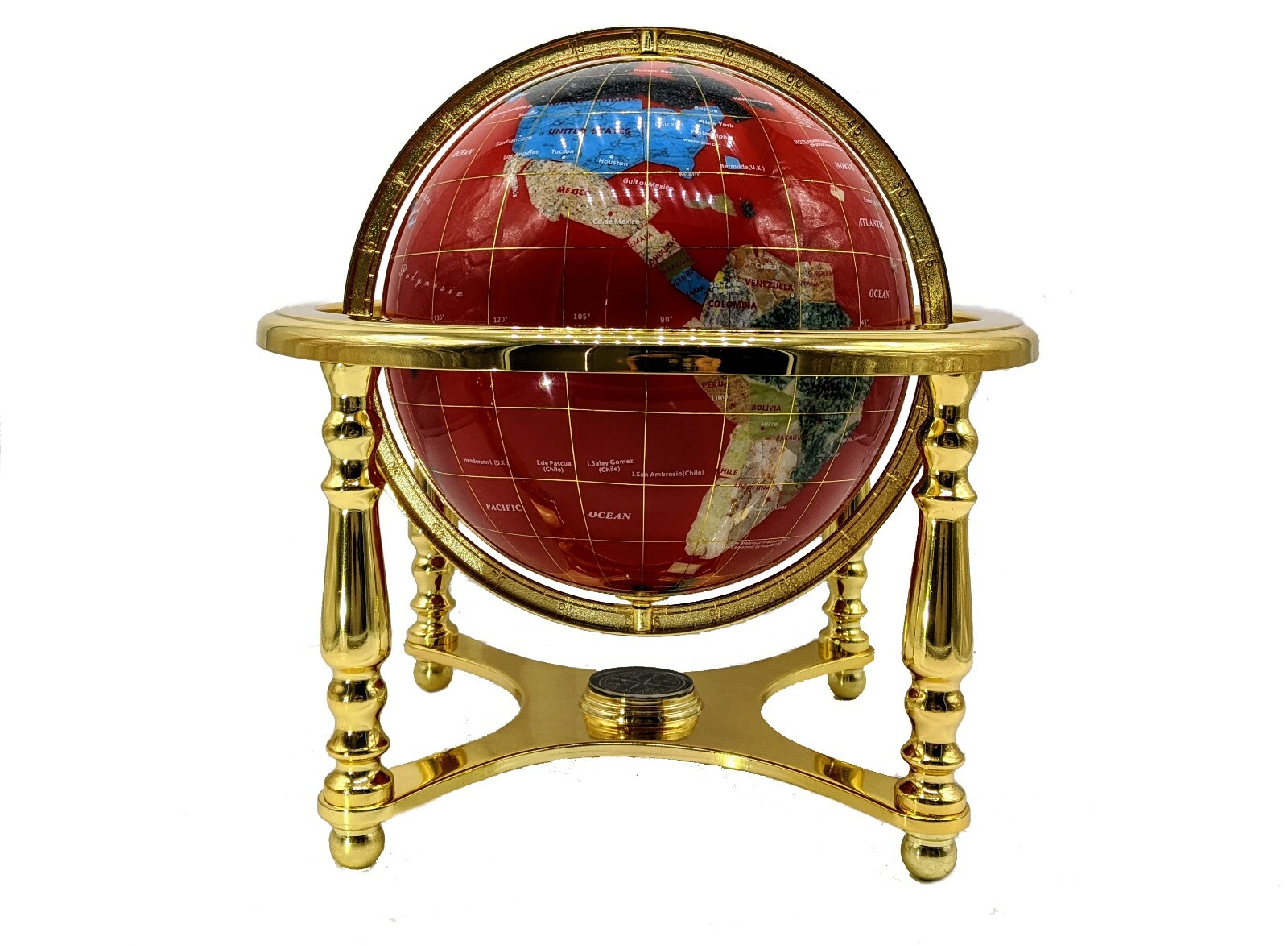 14" Red Ocean 4- leg Zinc Alloy Gold table stand Gem Gemstone World MAP globe
