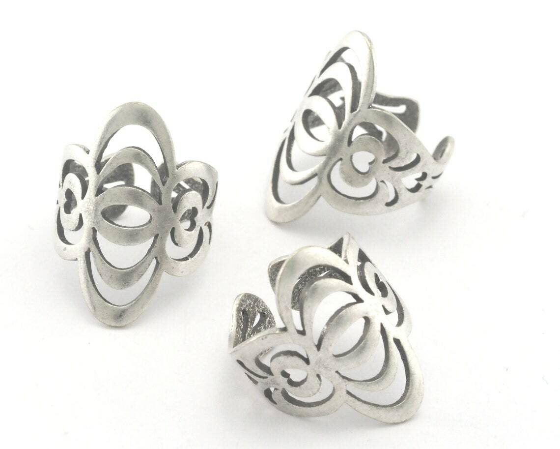 Hearts Waves statement adjustable ring Antique silver plated brass 4343