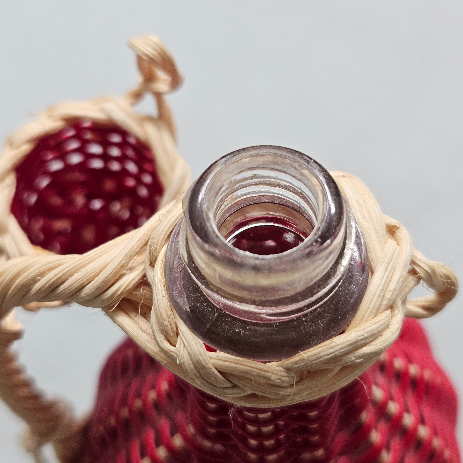 Vintage Empty Red Wicker Wraped Cherry Brandy Glass Bottle Blackforest Germany