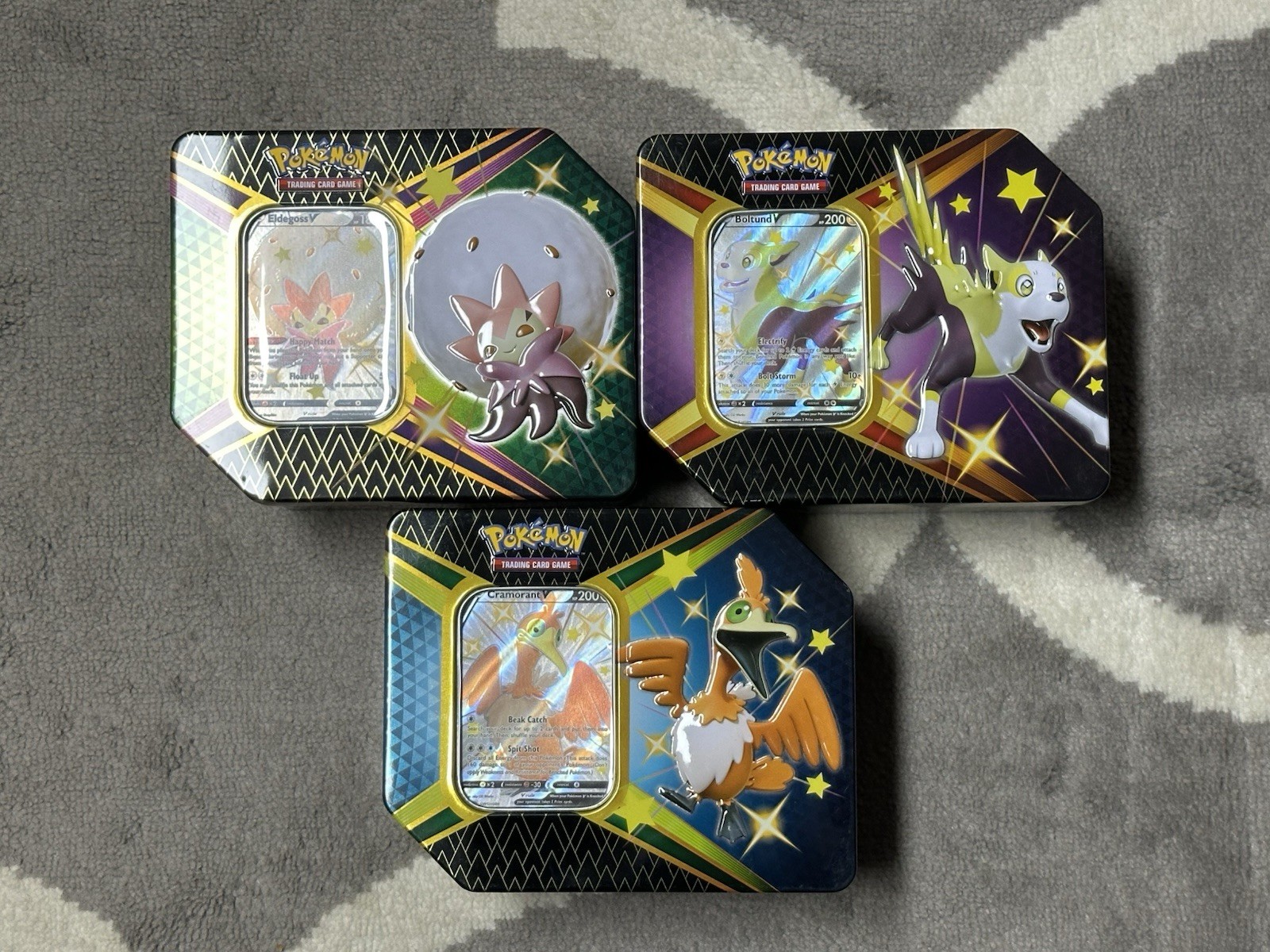 3 EMPTY Shining Fates Collectors Tins Boltund Cramorant Pokemon with Promos