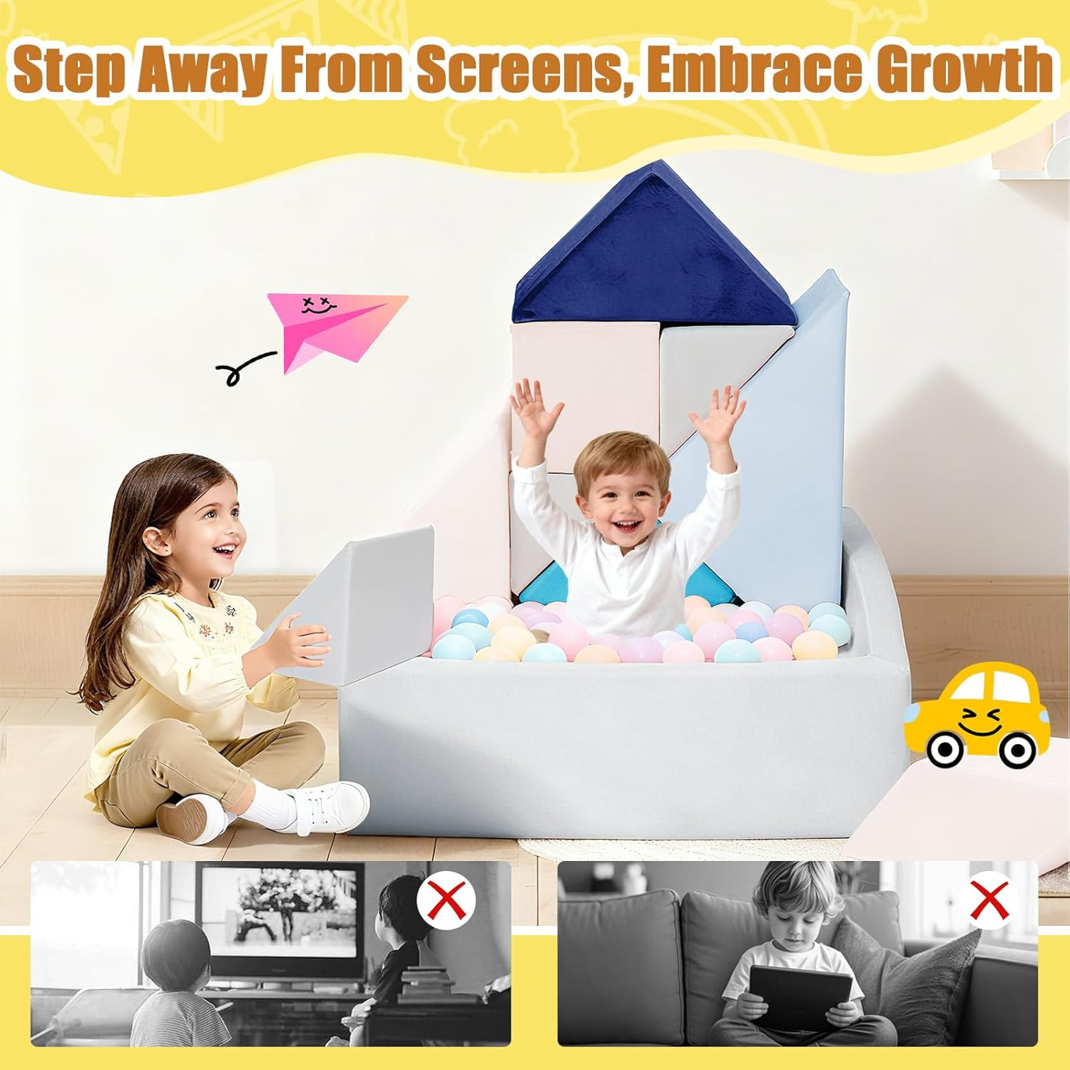 Modular Kids Play Couch with Ball Pit - Blue Tangram Puzzles Sofa