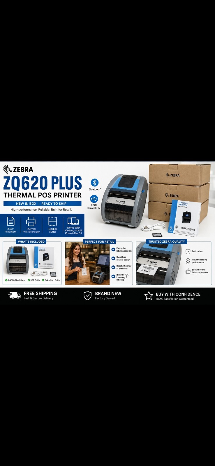 Zebra ZQ620 Plus Thermal POS Printer Bluetooth USB With Battery Brand New