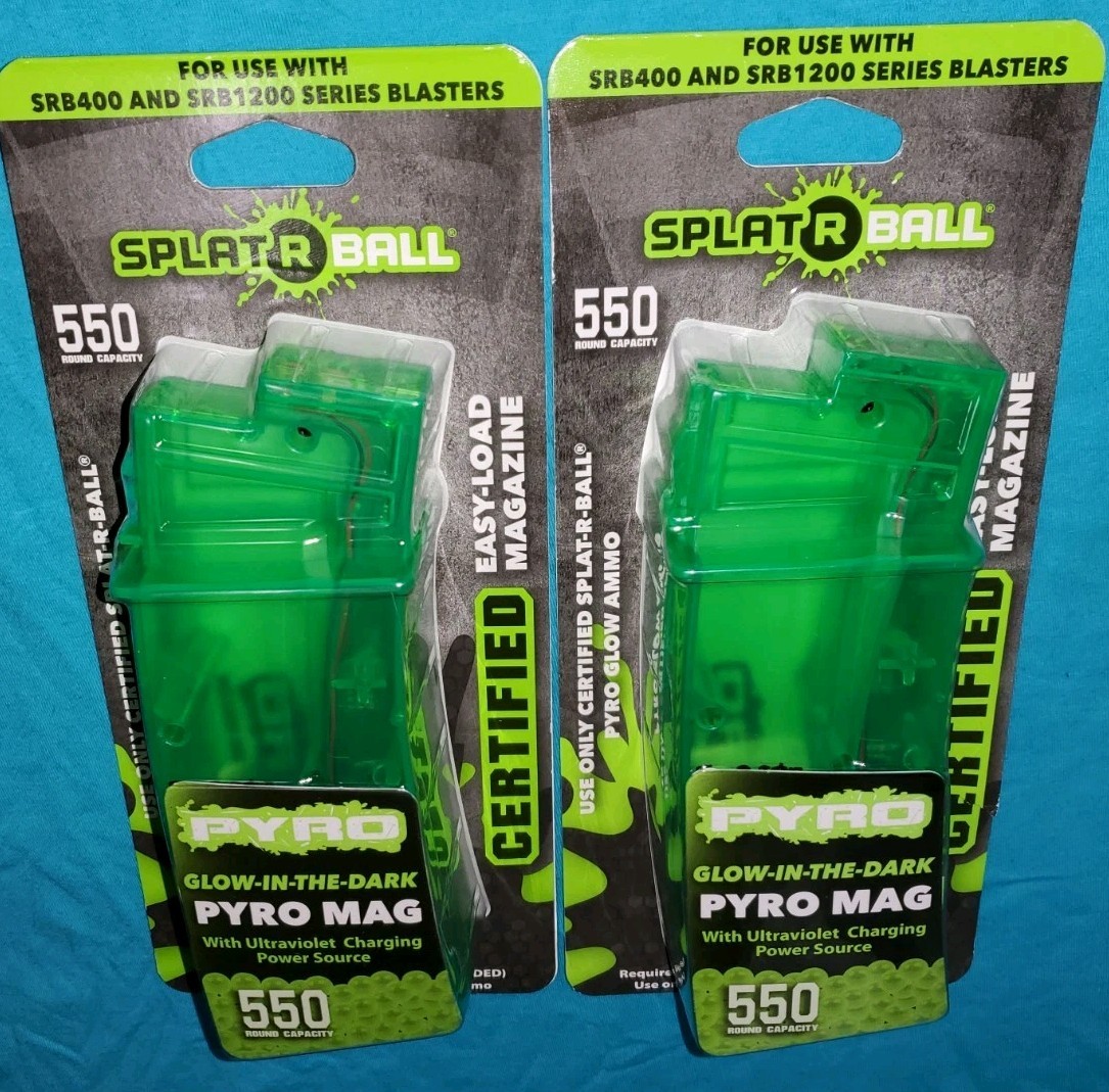 2 SplatRBall Pyro Mag Blaster Magazines Holds 550 Rounds UV Glow in Dark NEW!