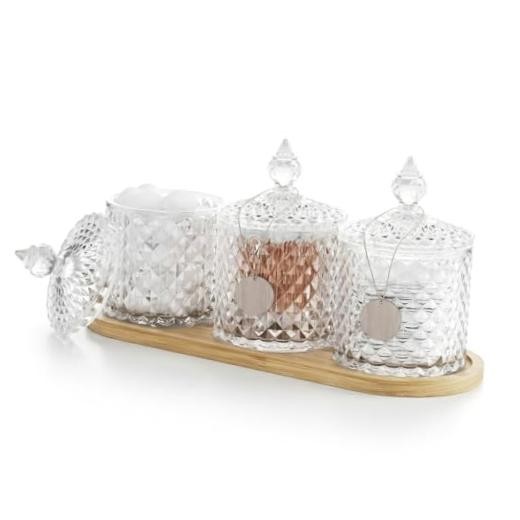 3 Pack Glass Qtip Holder Dispenser with Tray and Tag, Apothecary 10oz × 3 Clear
