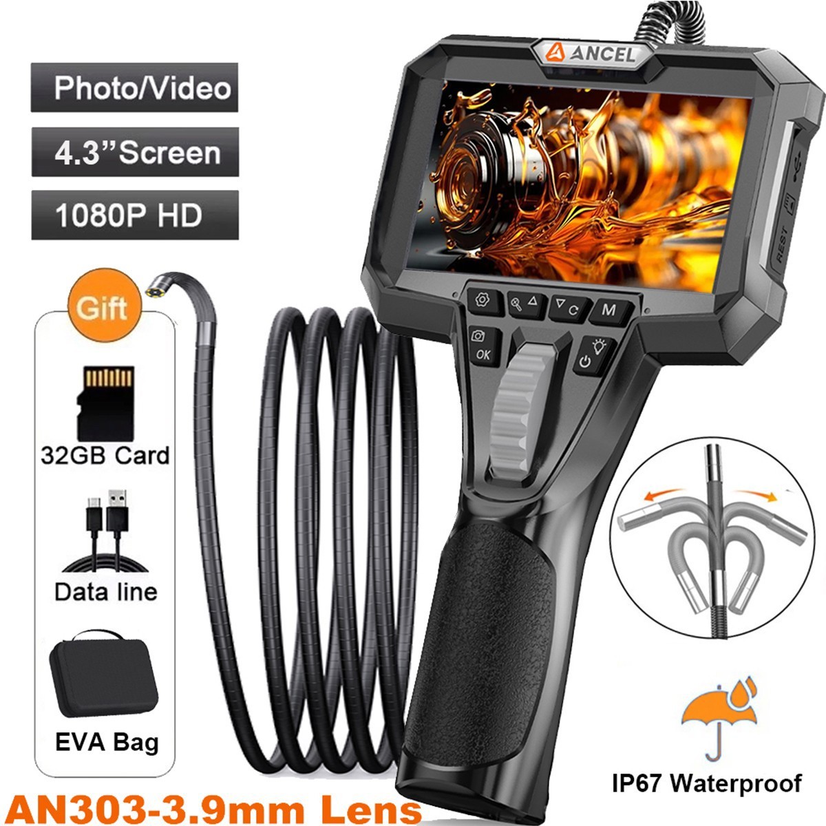 ANCEL AN303 210° Articulating Borescope Endoscope Inspection Camera For Engine