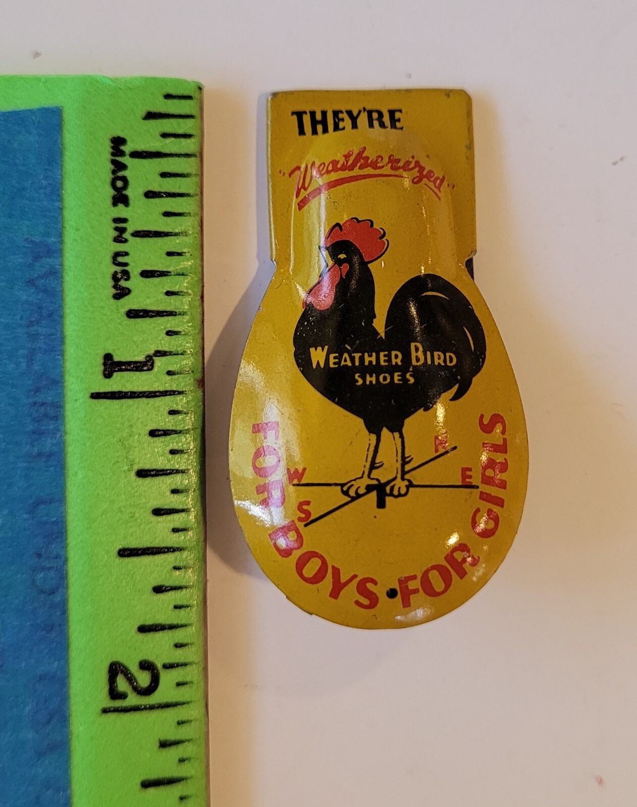Vintge 1930s tin litho clicker Weather Bird Shoes premium Kirchhof NJ Rooster