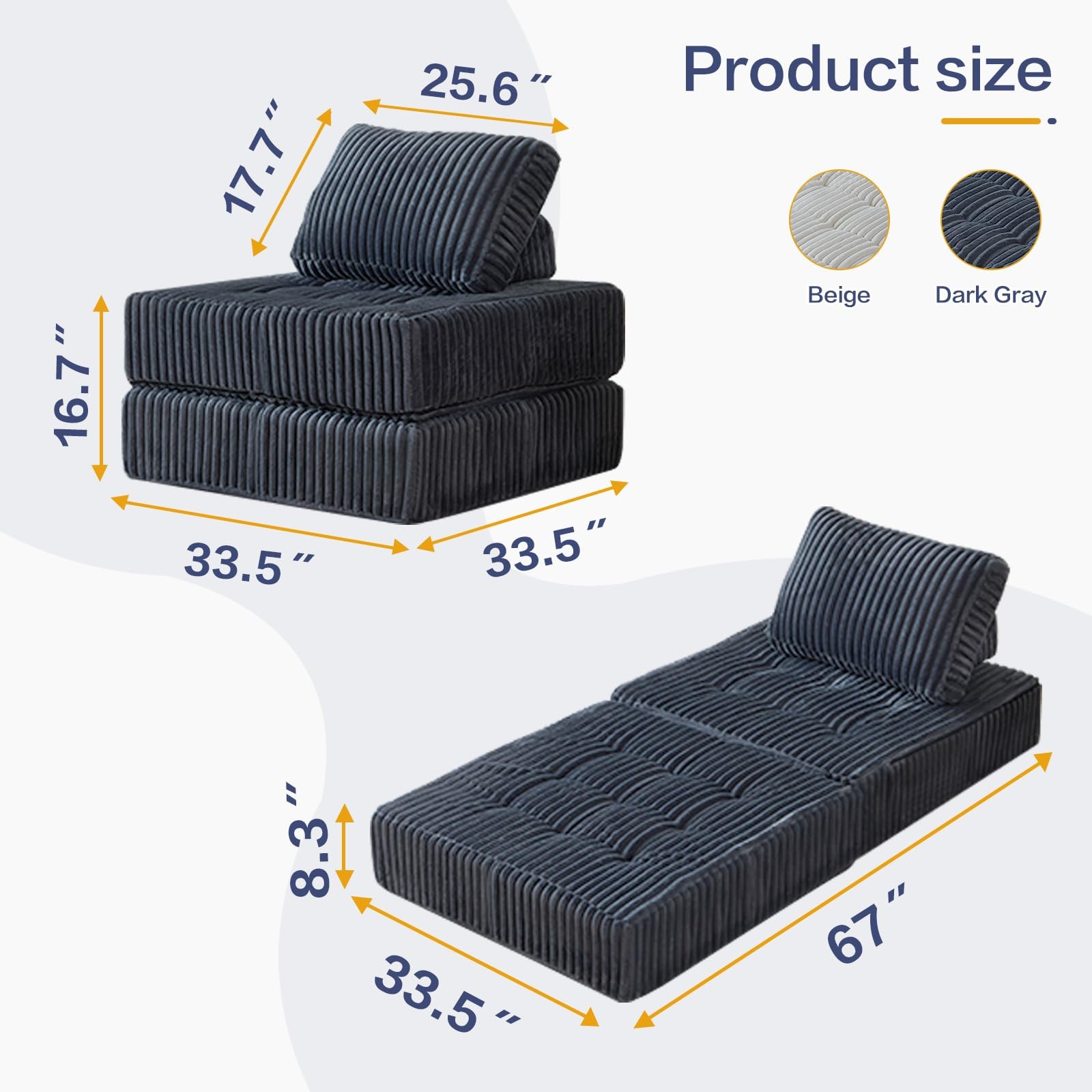 Folding Sofa Chair, Foldable Floor Sofa Bed with Corduroy, Convertible Sleepe...
