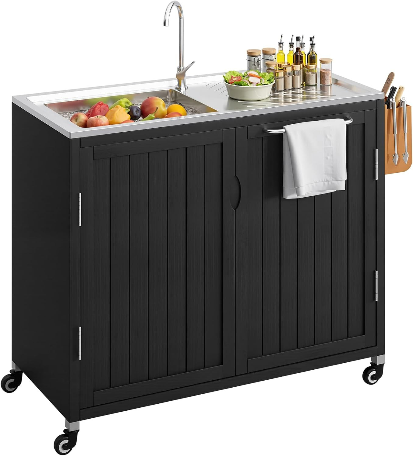 Outdoor Kitchen Island with 304 Stainless Steel Sink and Large Storage Cabinet,S