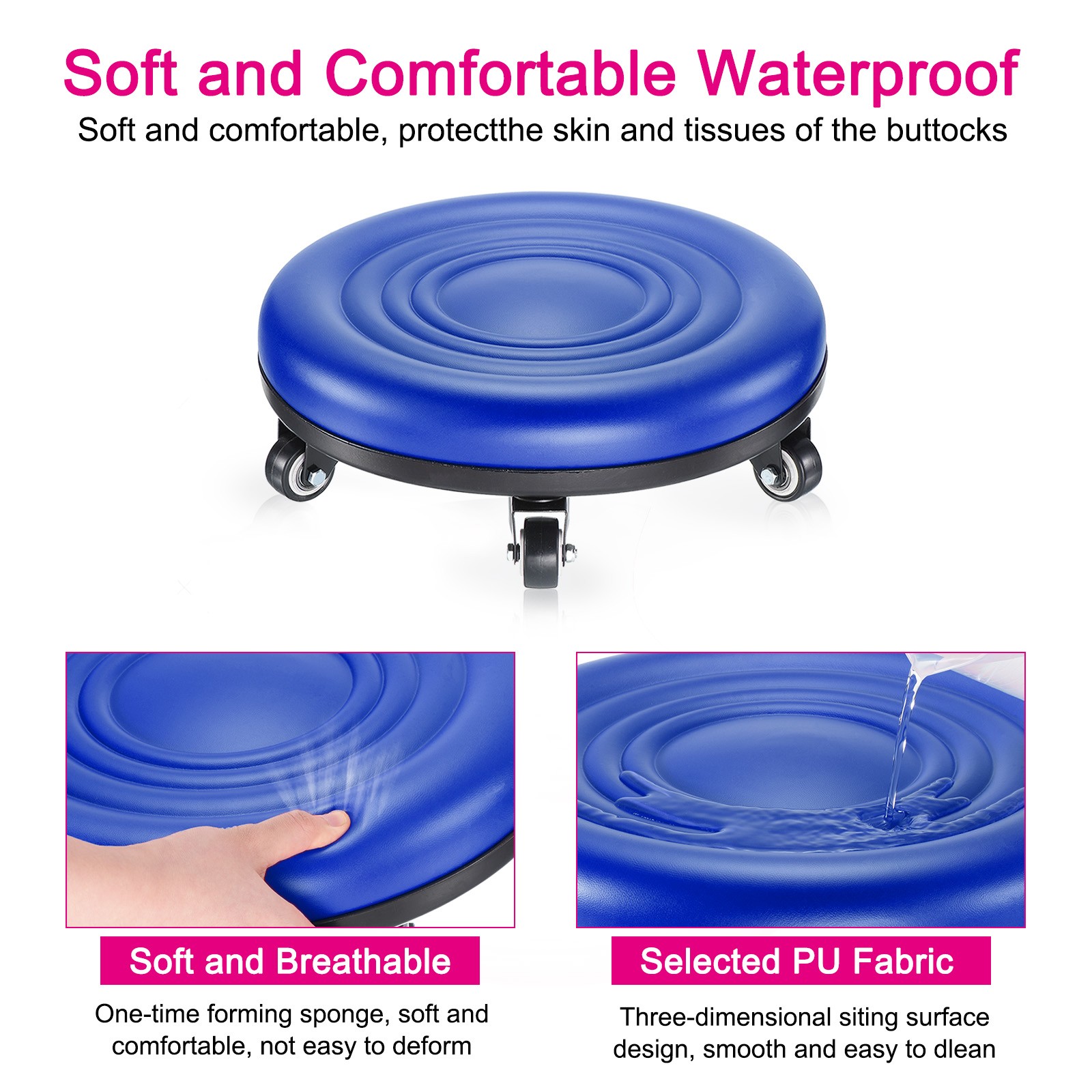 Blue Low Roller Seat Wheel Stool Chair PU Leather Rolling Stool Seats
