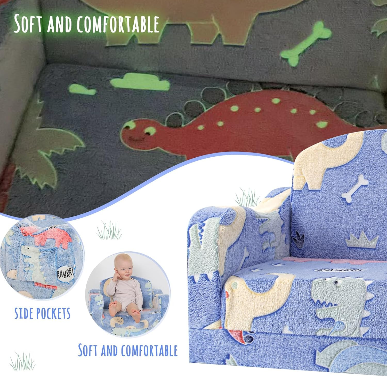 Thick Comfy Toddler Chair and Couch for Kids,2-In-1 Soft Plush Fold Out Sofa for