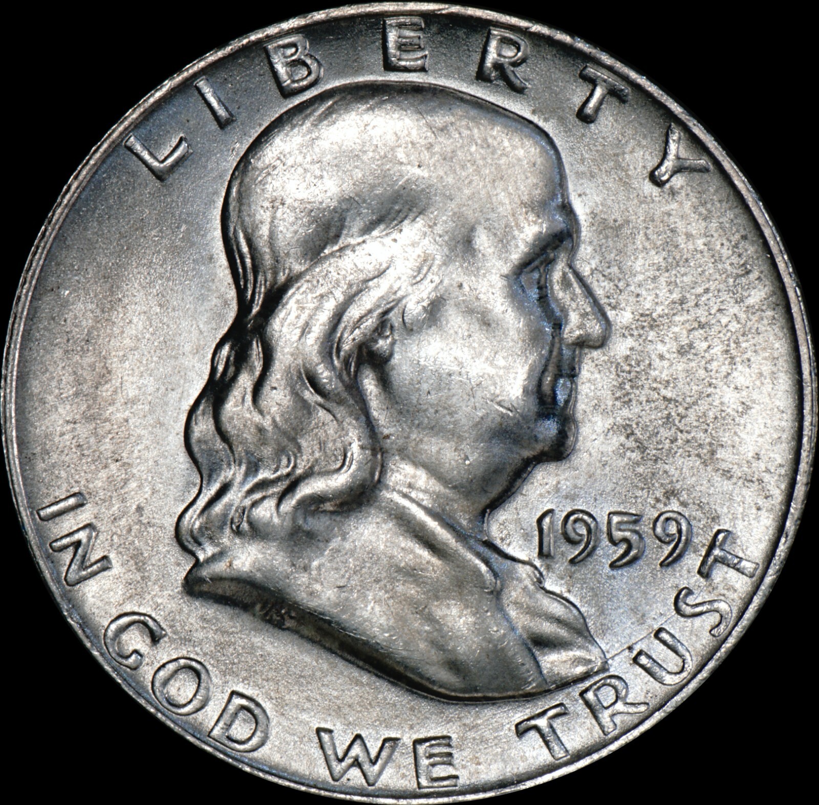 1959-D Franklin Half Dollar Silver UNC Lite Tone Die Crack, As Shown  219
