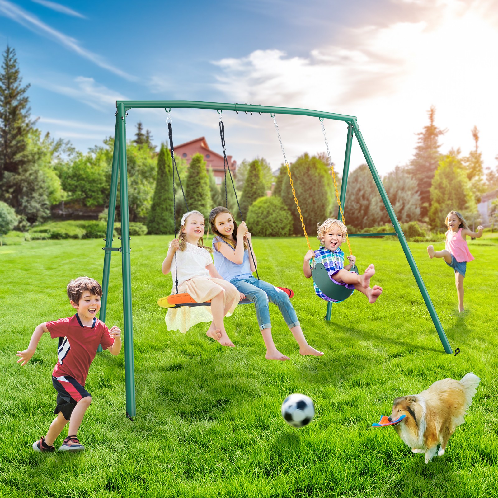 Trekassy 440lbs 2 Seat Metal Swing Set with Heavy Duty A-Frame Metal Swing Stand