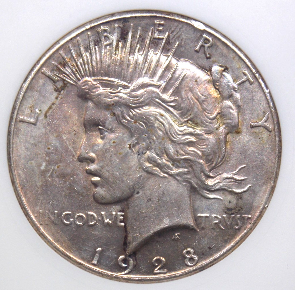 1928 "P" Peace SILVER Dollar $1 ANACS Unc Detail #311 Net AU50 Soapbox ECC&C Inc