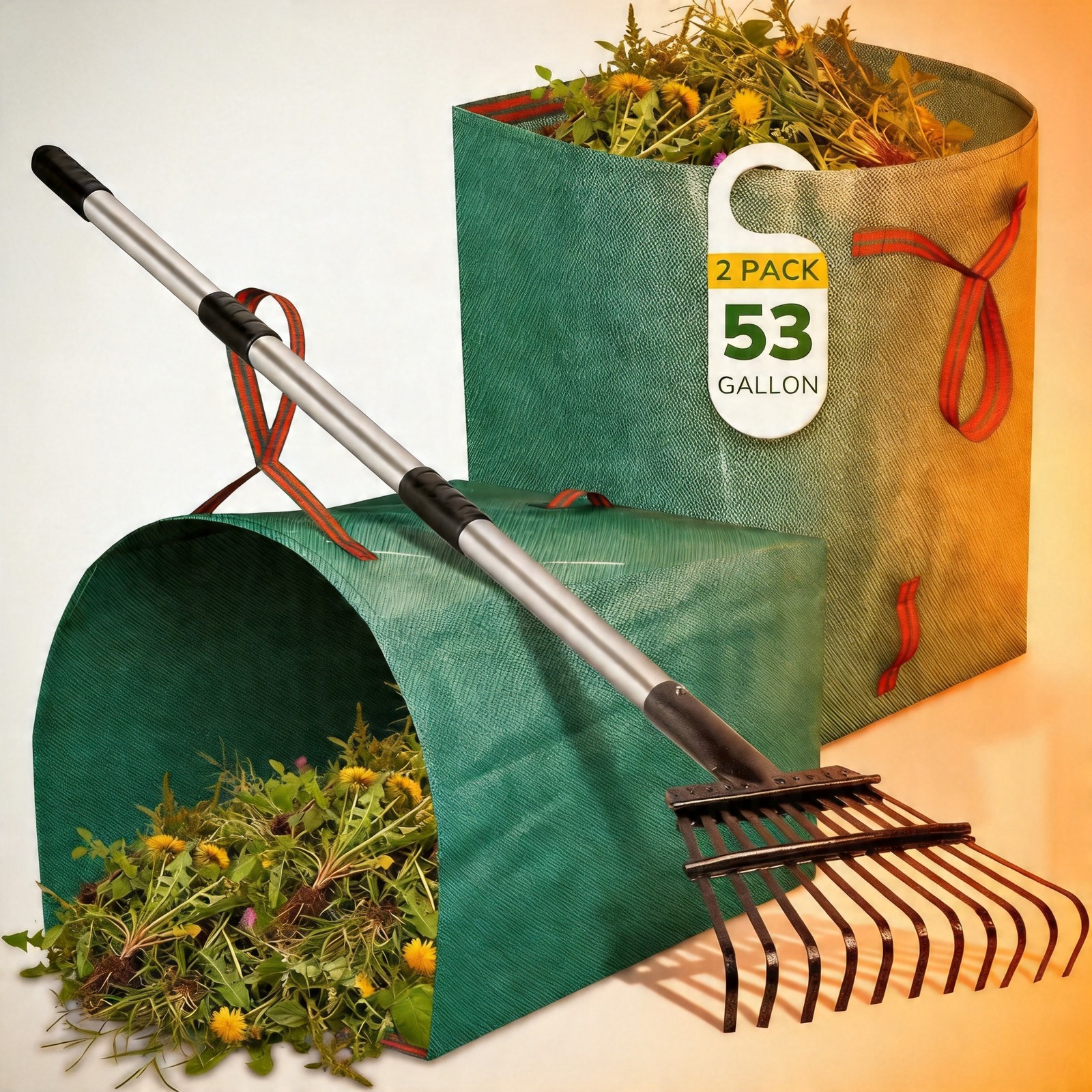 GreatBuddy Leaf Rake & 2 Pack 53 Gallon Bags Combo 11 Tines 72" Handle US