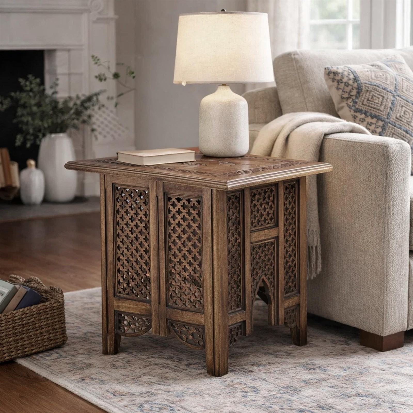21 Inch Boho Side End Table- Floral Carved Details- Foldable Panel Legs