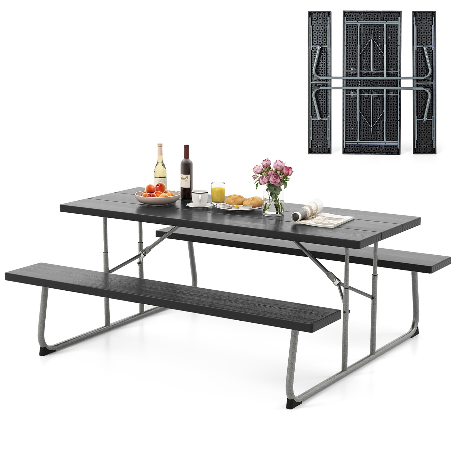 Folding Picnic Table w/ 2 Benches 6 FT Camping Table Set w/ Metal Frame