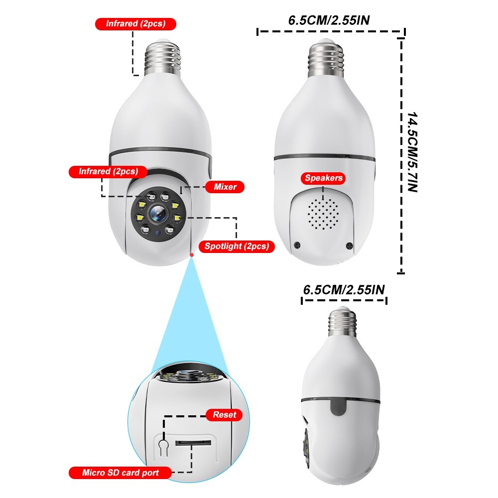 Light Bulb Camera 5MP IP 360° CCTV Camera WiFi IR Smart Home Wireless Security