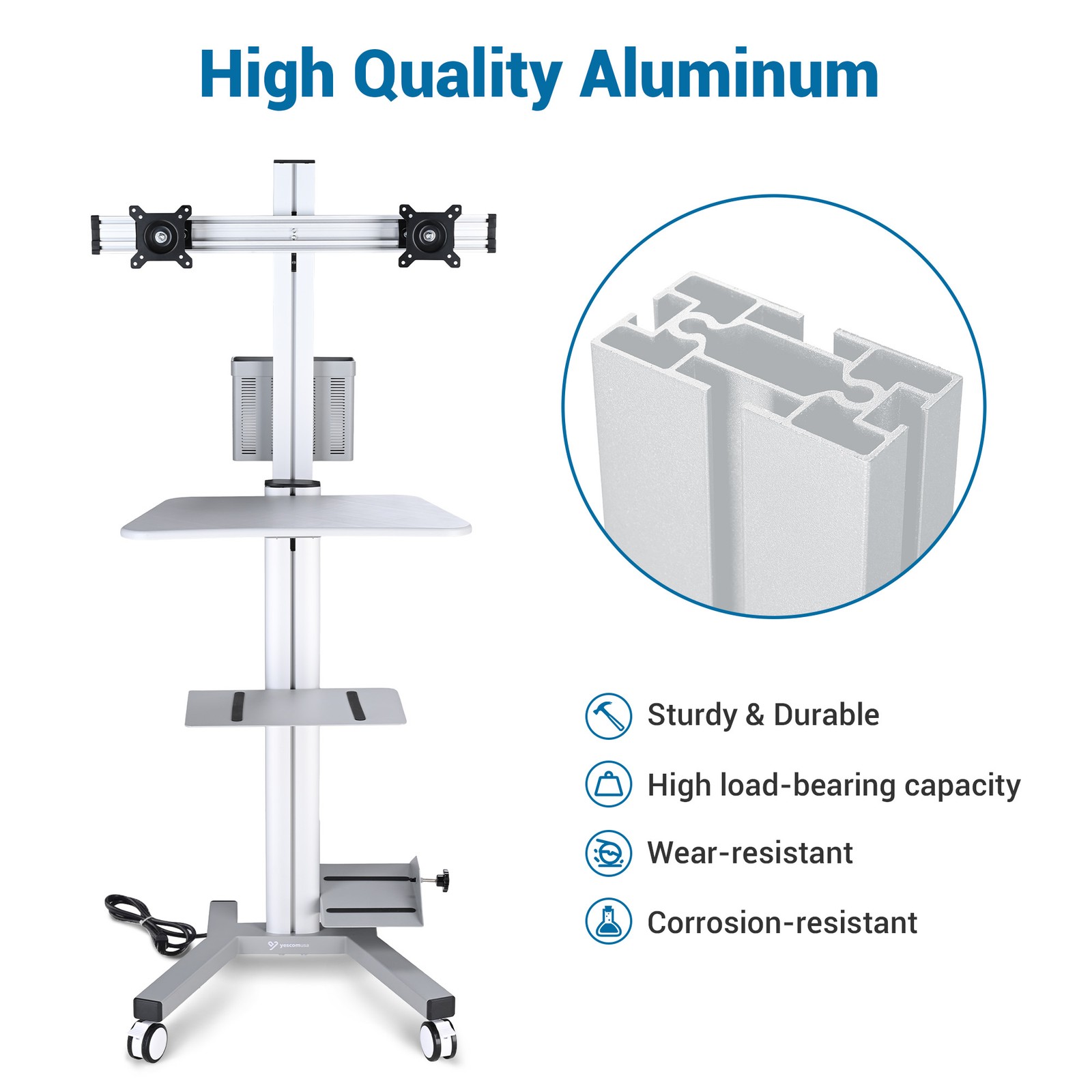 YesSources Mobile PC Stand Workstation Dual Monitor Mount with Additional Pole