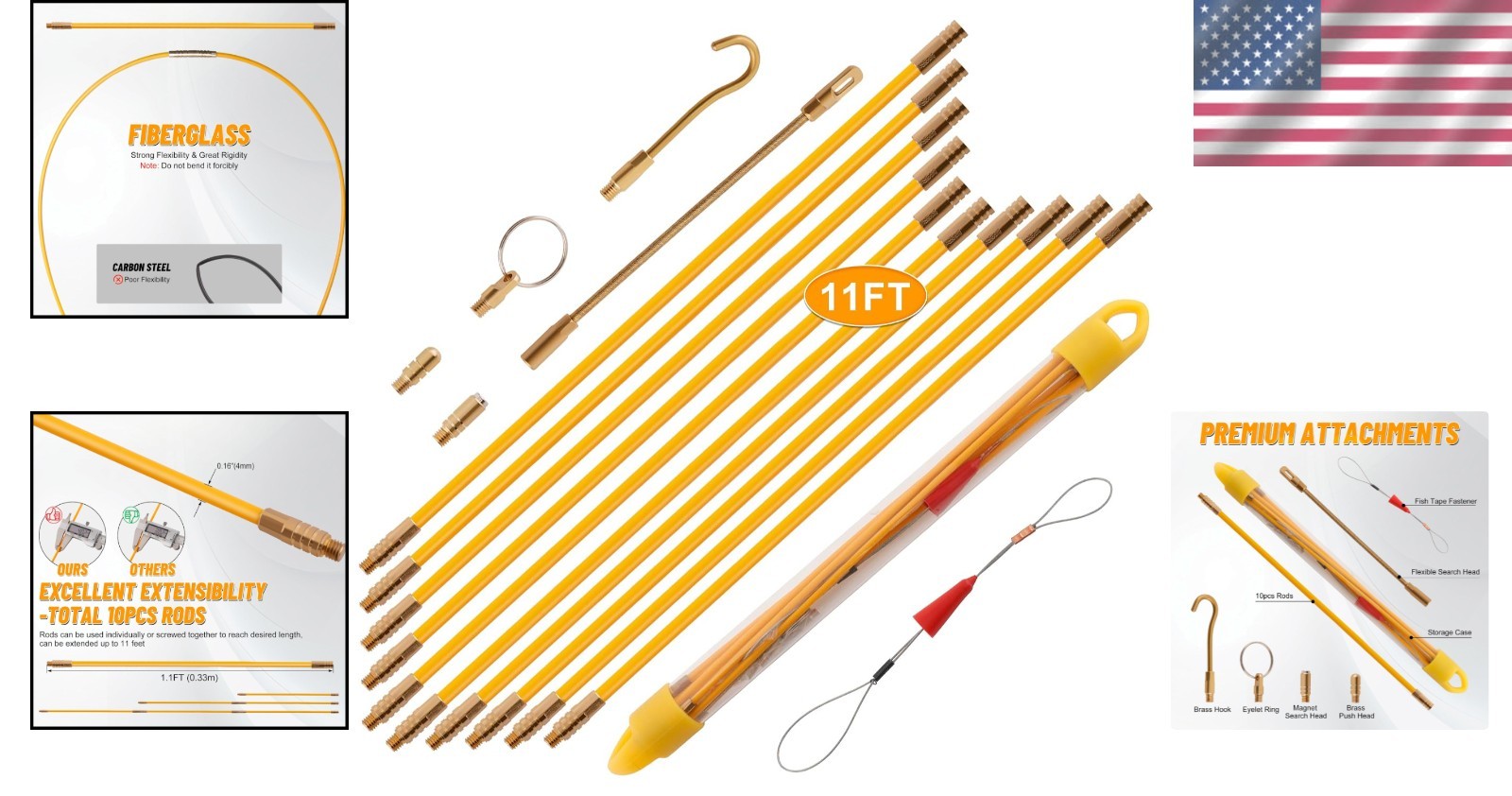 Efficient Wire Pulling Solution: 11FT Fiberglass Cable Rods with Storage Case