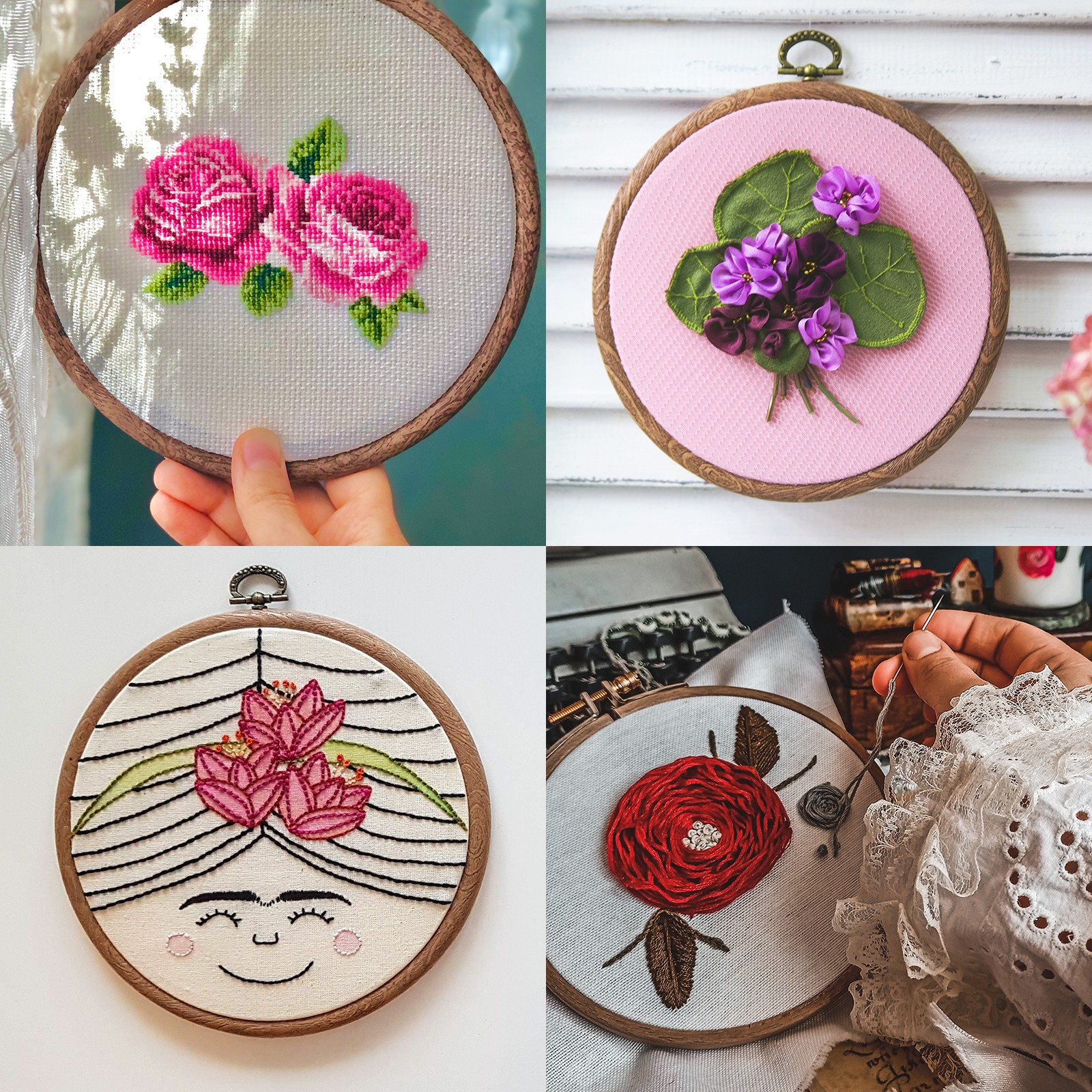 4 Pack Embroidery Hoops Circle Oval Rectangular Octagonal Cross Stitch Ring