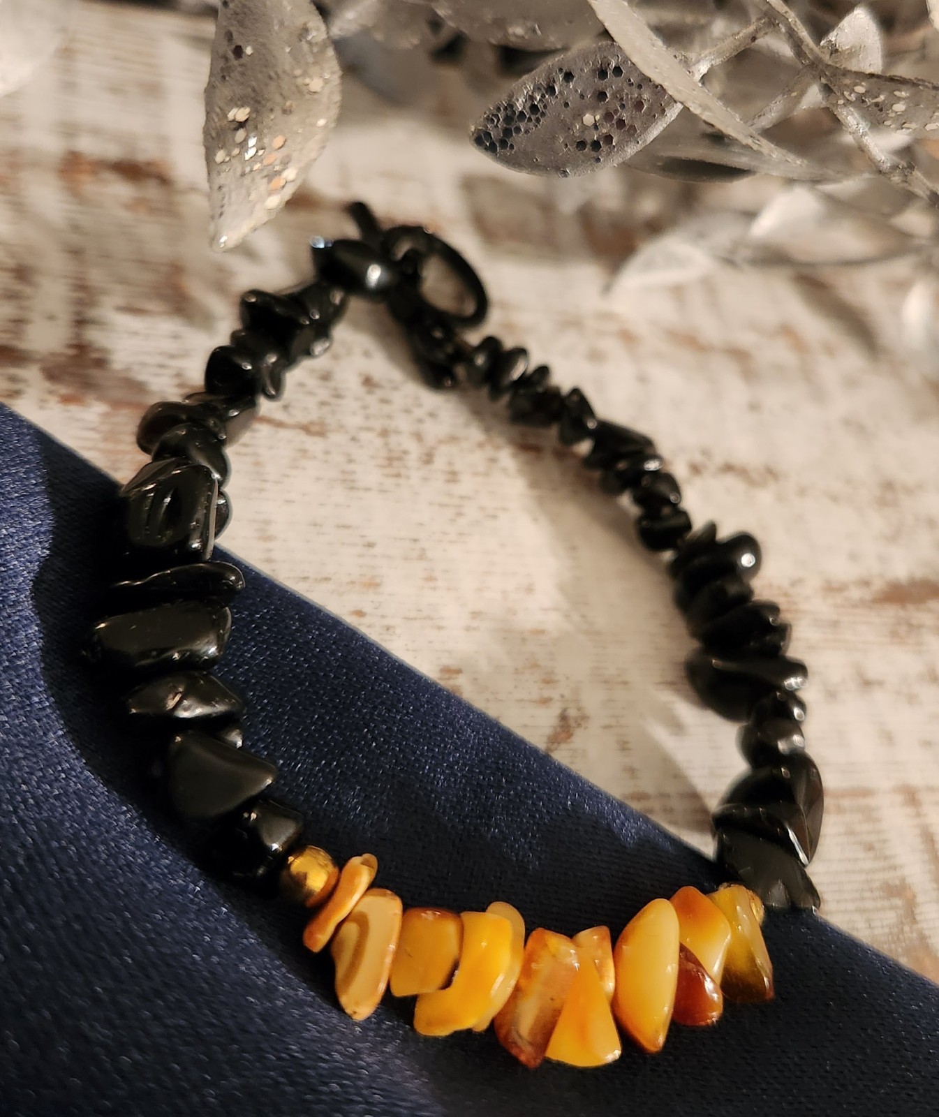 Handmade Artisan Obsidian Raw Amber Chip Toggle Bracelet. #265