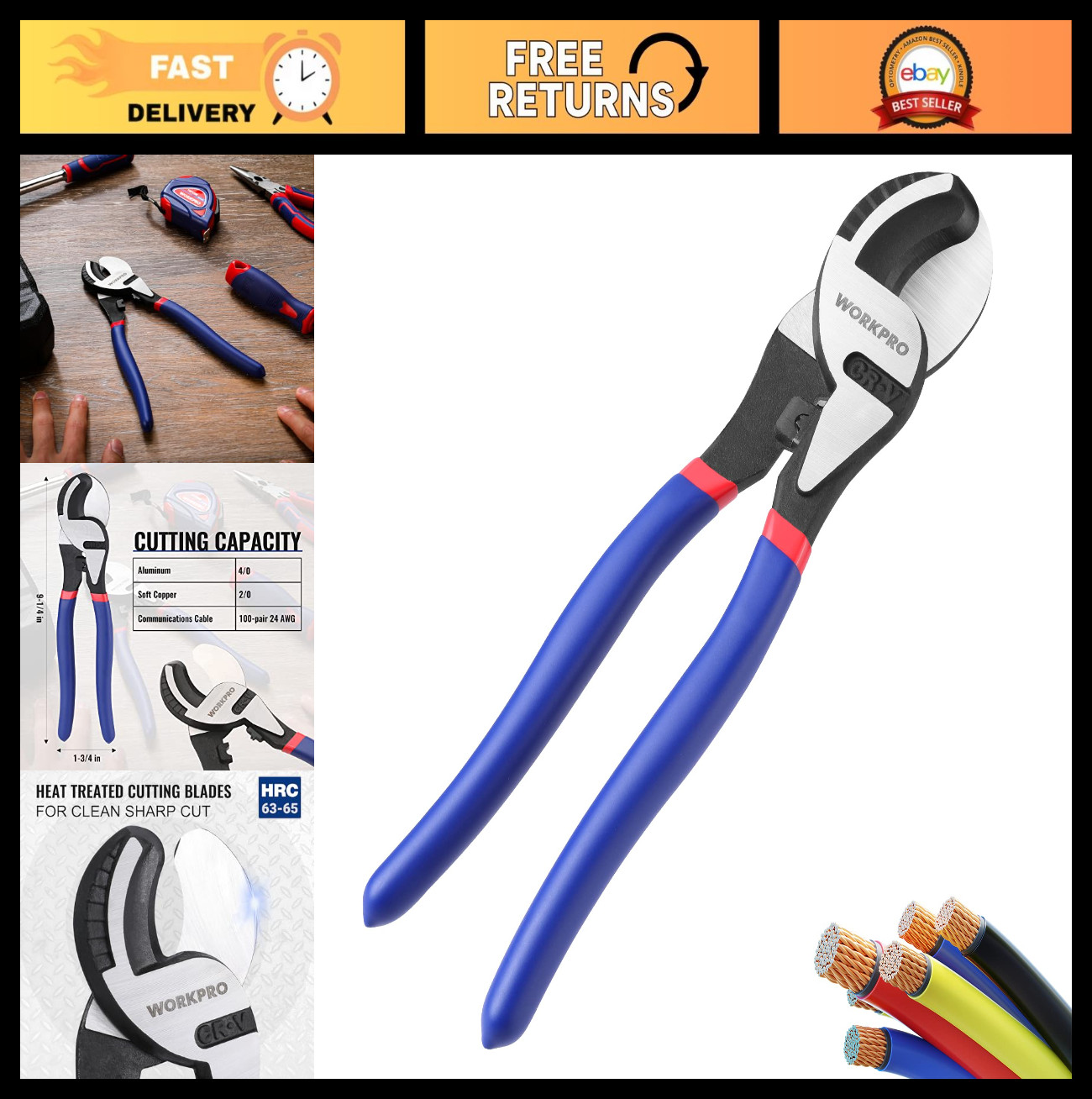 Heavy Duty 9-1/4" High Leverage Cable Cutter - Wire, Aluminum, Copper, Communica