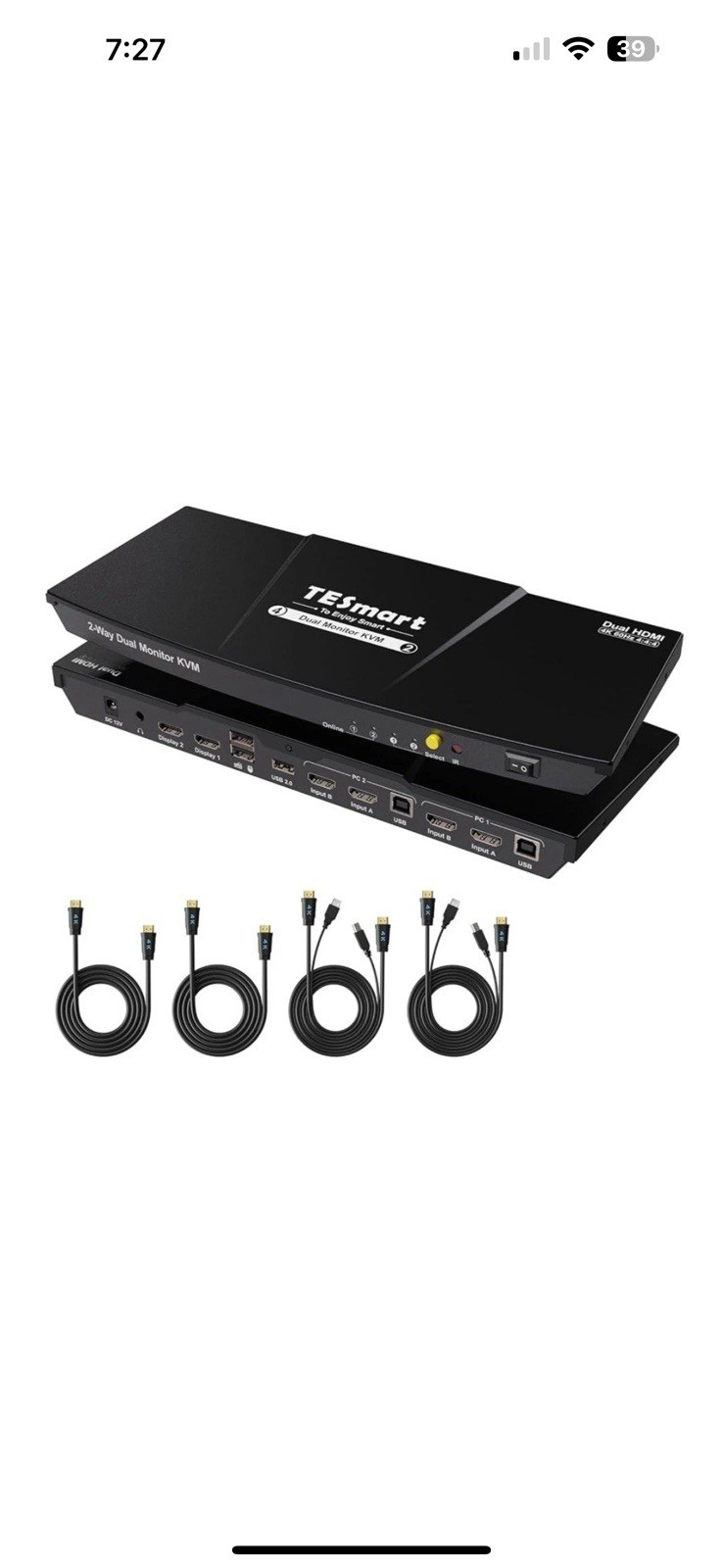 TESmart HDK0402A1U Dual Monitor KVM Switch + DisplayPort 2 Port 4K@60Hz USB 2.0
