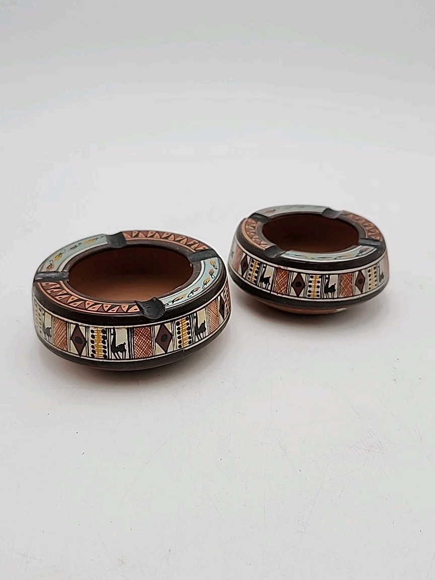 2 Vtg Peruvian Small Pottery Llama Motif Ashtray Pisac Cusco Peru Boho Incense