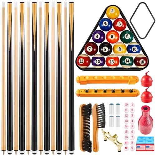 Pool Table Accessories Set with 6 Cue Sticks, 16 Billiard Balls, Triangle &
