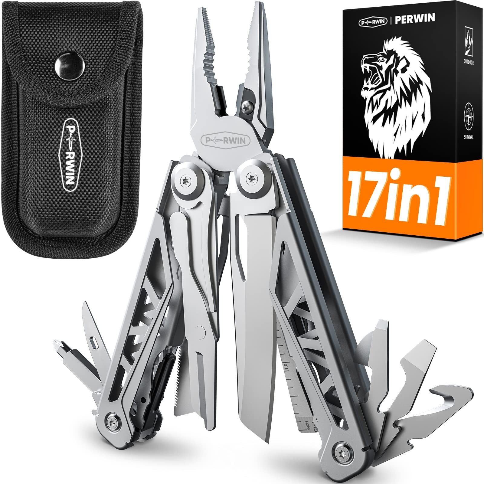 PERWIN Multitool, 17-in-1 Stainless Steel Multi Tool Pliers 17 in 1, Silver
