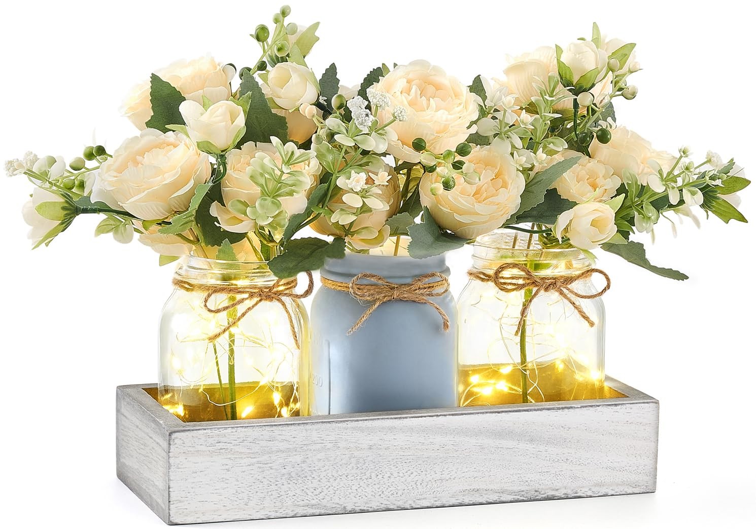 Mkono Mason Jar Lights Centerpiece Table Decor for 16 Ounces, Grey Blue