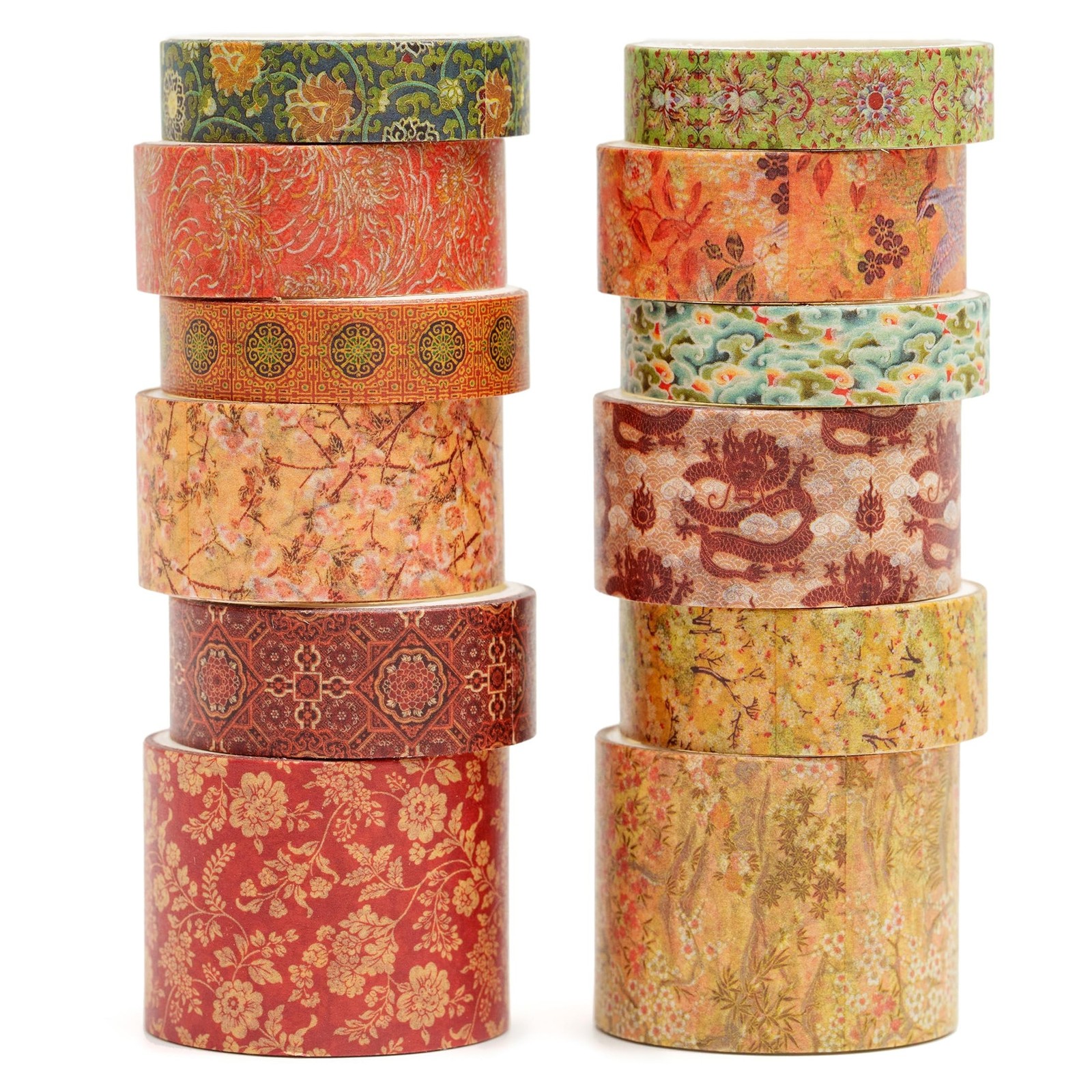 12 Rolls Chinoiserie Washi Tape Set Chinese Arts Adhesive Tapes Geometric Gar...